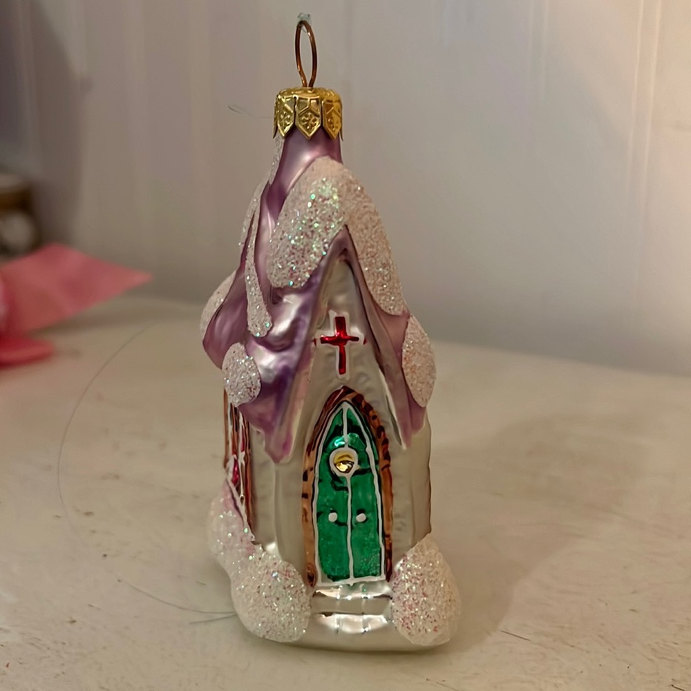 Christopher Radko midnight mass church blown glass Christmas ornament 5” x 3”